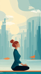 Illustration of a woman practicing meditation, yoga, and relaxation in her calm mountains, with tranquility, peaceful mind, well-being, and serenity - Generated by Generative AI	