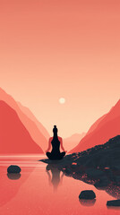 Illustration of a woman practicing meditation, yoga, and relaxation in her calm mountains, with tranquility, peaceful mind, well-being, and serenity - Generated by Generative AI	