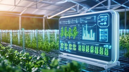 Innovative agricultural technology smart greenhouse data analysis indoor farming futuristic sustainable practices