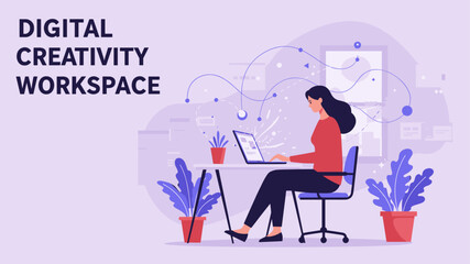 Modern Digital Workspace: Woman Engaging with Technology for Creative Work