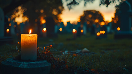 Candles glowing brightly in the cemetery, providing a warm, inviting light for mourners to reflect and remember.
