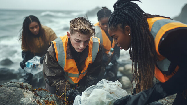 Teenagers wearing safety vests cleaning plastic waste from rocky coast under overcast weather conditions