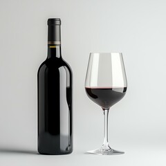 Elegant red wine bottle and glass on display.