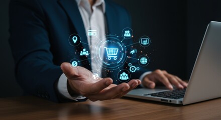 E-commerce and Online Shopping Solutions: Businessman Presenting a Digital Shopping Cart with Integrated Business Icons , e-commerce, online shopping, shopping cart, online store, retail, business,