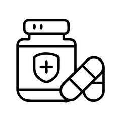 Outline drawing of medicine bottle and pills for healthcare or pharmaceutical concept and design