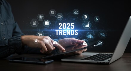 Exploring 2025 Trends: Person Interacting with a Digital Interface Displaying Future Business and Technology Concepts

