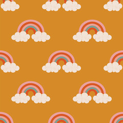 Groovy Colorful Butterflies and Flowers Seamless Pattern Retro Psychedelic 70s Vector Design. Textured illustrations background.