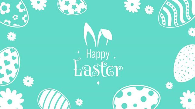 Happy Easter Animated Creative Greeting Card. Bunny ears, decorated and ornamented  easter eggs. Flat style design in white and pastel blue colors. Easter banner or border with cute bunny ears on text