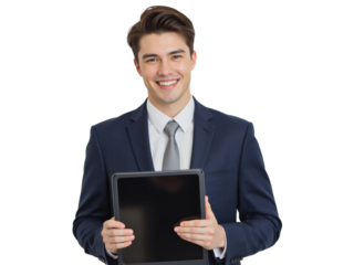 Business portrait isolated on white transparent background: A young man in a navy suit and tie confidently presents a tablet displaying a blank screen, smiling directly at the camera against a neutr