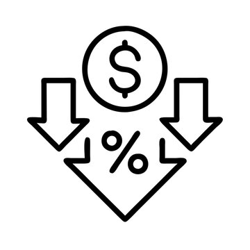Decrease cost price reduction discount sale percentage down arrow money currency icon line