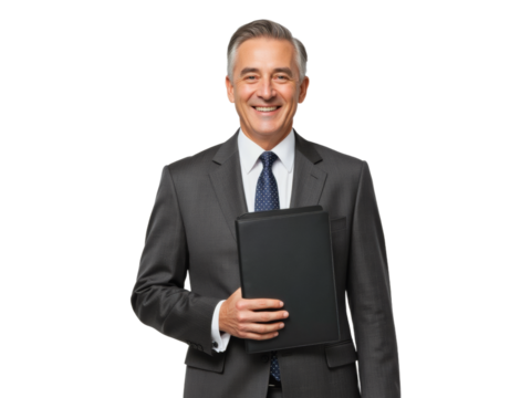 Business portrait isolated on white transparent background: A mature, distinguished man in a suit confidently smiles while holding a clipboard, projecting professionalism and competence.