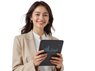 Business portrait isolated on white transparent background: A smiling Asian woman in a blazer holds a tablet displaying a graph, suggesting a confident and modern professional engaged in data analys