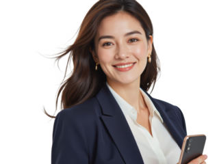 Business portrait isolated on white transparent background: A smiling Asian woman in a navy blazer and white shirt confidently holds a smartphone while looking toward the camera.