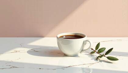 极简主义静物：白色大理石桌上的咖啡杯与橄榄枝