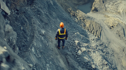 Mining engineer using a drone to survey the mining site. Featuring aerial surveying and technological tools