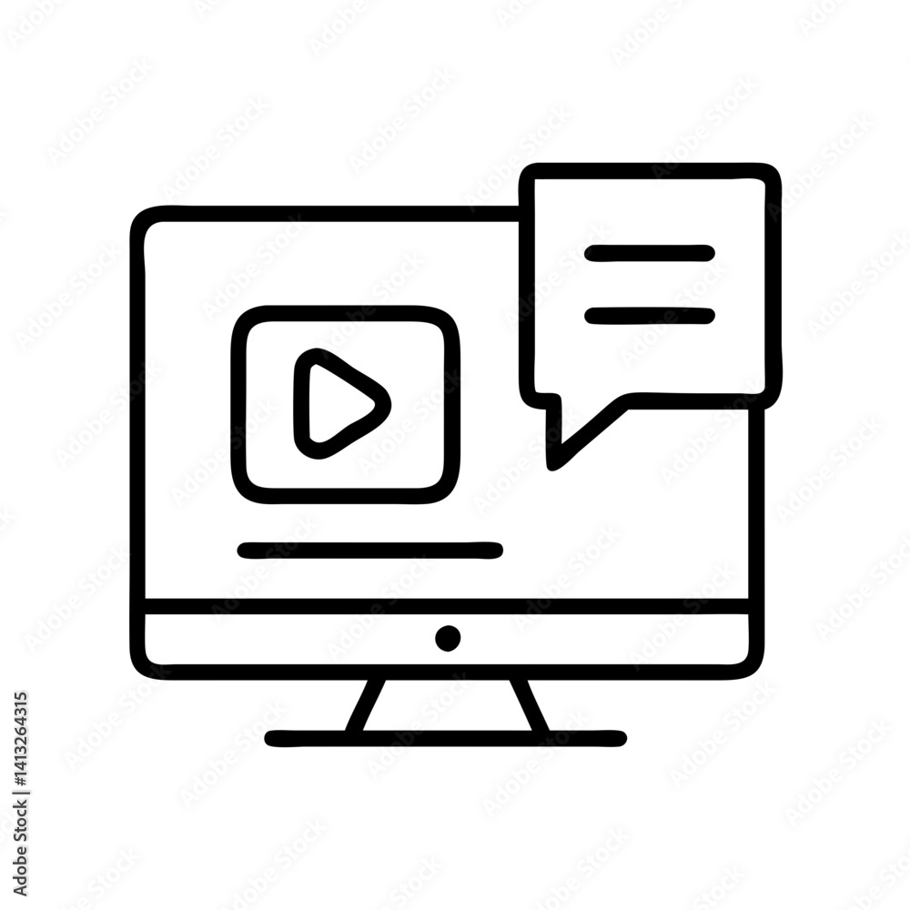 Fototapete video marketing tutorial on computer screen with speech bubble for online education and courses