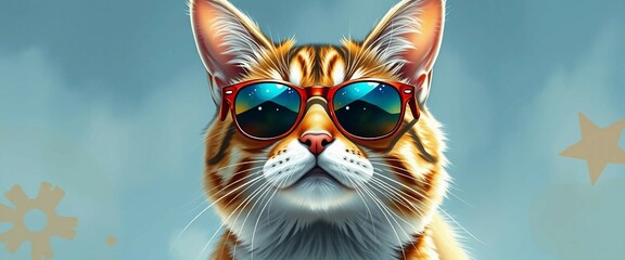 Fototapeta premium Stylische getigerte Katze mit Sonnenbrille im Aquarell-Stil auf blauem Hintergrund – witzig und cool für Poster, Mode und Accessoires.