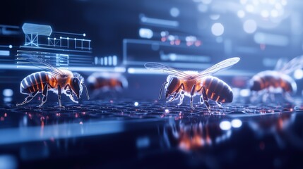 Bees in a futuristic digital environment science fiction concept close-up view technological landscape nature meets innovation