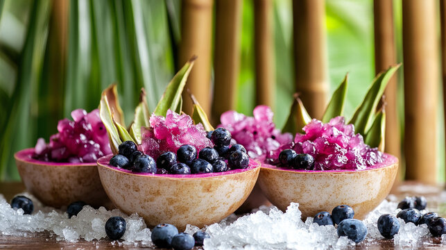 Frozen ceramic plates reveal a colorful mix of exotic fruits evoking summer freshness and gourmet simplicity