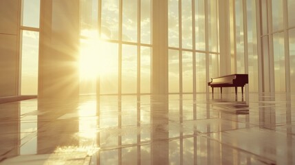 Fototapeta premium Elegant Piano in Bright Sunlit Modern Room with Large Windows