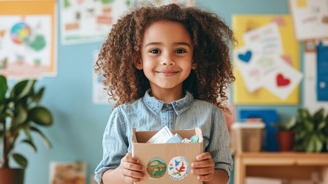 Smiling young girl with lovely curly hair proudly showing off her earth-themed homemade recycling container in a cheerful and bright school environment - Powered by Adobe