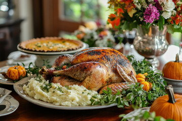 Thanksgiving dinner ideas: Roasted turkey with stuffing, cranberry sauce, and pumpkin pie on a festive table setting surrounded by family and friends.