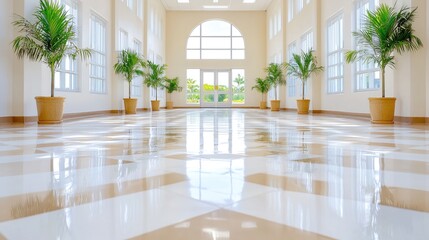 Fototapeta premium Elegant interior design bright hallway with marble floor and palm trees