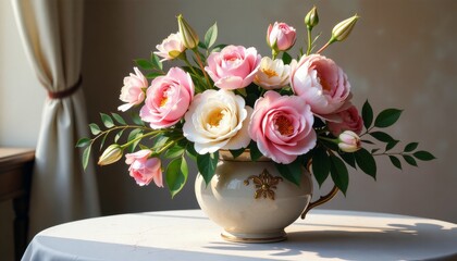 温暖日光下的优雅花束：古典陶瓷花瓶中的花朵