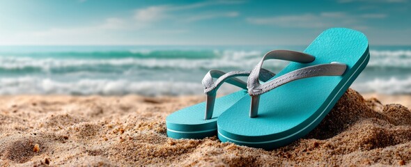 Summer banner. Turquoise flip flops on sandy beach. Summer vacation on the beach, relaxing by the sea, coastal scene, summer footwear, tropical destination, relaxation, leisure, travel.