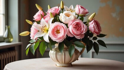 印象派风格的奢华花卉静物：玫瑰、牡丹与百合