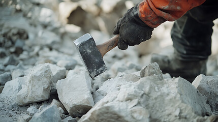 Mining worker breaking rocks using a hammer and chisel at a mining site. Featuring manual labor and rock breaking
