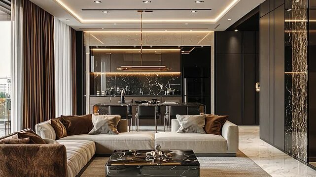 Modern luxury living room with elegant furniture, stylish decor, and a sleek kitchen backdrop
