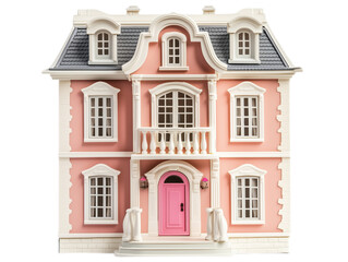 Fototapeta premium Miniature Dollhouse: detailed dollhouse facade with tiny windows, pink door and balcony, designed for 6-inch figures, isolated on a white background