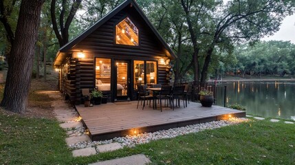 Cozy lakeside cabin at dusk warm lighting tranquil setting vacation home escape