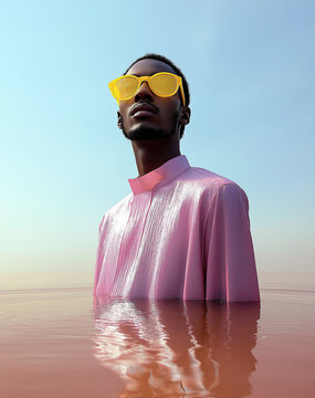 A fashion-forward man in a pink shirt partially submerged in water, wearing yellow sunglasses and gazing into the distance. Surreal editorial shot blending elegance with serenity.
