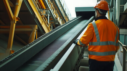 Mining worker checking equipment on a conveyor system at a mining site. Featuring machinery checks and material transport