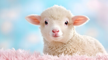 Fototapeta premium Adorable fluffy white lamb soft pastel background spring animal photography