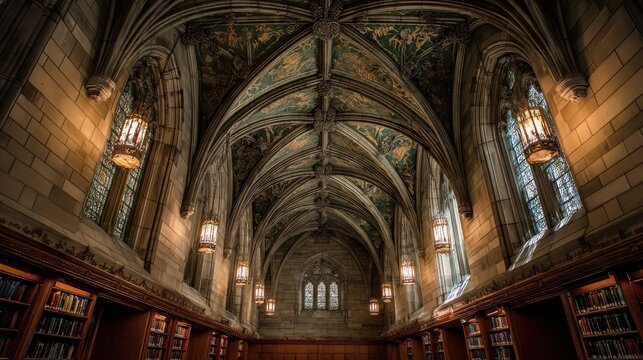 Neo-Gothic cathedral ceiling in a library with pointed arches, ribbed vaults, and stained glass depicting literary scenes