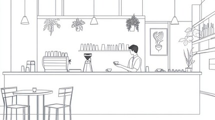 Cafe Interior, Barista Serving Coffee, Plants, Line Art