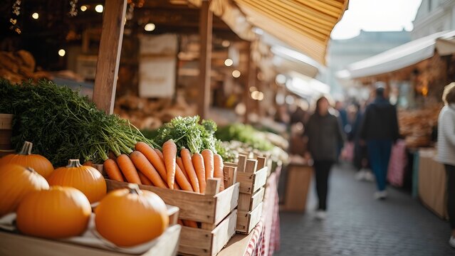 Colorful pumpkins and carrots are displayed in wooden crates at an outdoor market filled with fresh bread and herbs. The autumn atmosphere attracts many visitors enjoying the market.