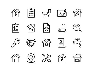 Real Estate Vector Icon Set | Adjustable Line Weight | Property, home, rent, sale, mortgage, contract, plumbing, inspection, repair, garage, location, key, bill icons