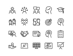 Workshop Vector Icon Set | Adjustable Line Weight | Training, teamwork, collaboration, knowledge, skills, ideas, learning, coaching, chart, growth, presentation, goal, support, development icons