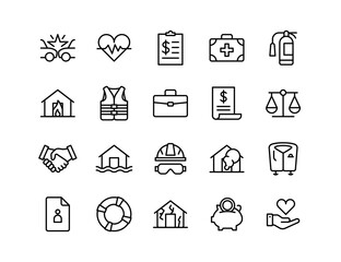 Insurance Vector Icon Set | Adjustable Line Weight | Health, life, accident, safety, claim, home, risk, property, savings, fire, balance, contract, coverage, help icons