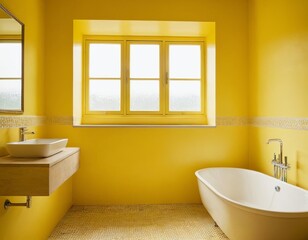 Bright and modern bathroom featuring yellow walls, a freestanding tub, and minimalistic design.