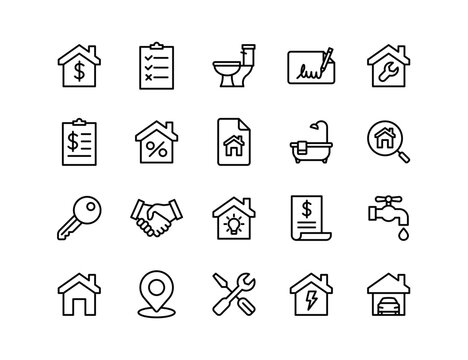 Real Estate Vector Icon Set | Adjustable Line Weight | Property, home, rent, sale, mortgage, contract, plumbing, inspection, repair, garage, location, key, bill icons