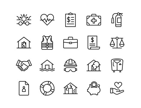 Insurance Vector Icon Set | Adjustable Line Weight | Health, life, accident, safety, claim, home, risk, property, savings, fire, balance, contract, coverage, help icons
