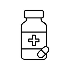 Outline drawing of medicine bottle with cross and pill for healthcare and pharmaceutical use