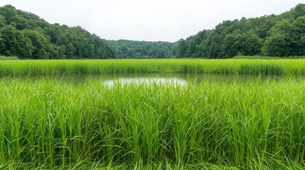 Obraz premium Serene green meadow landscape with tranquil pond eco friendly nature photography
