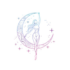 Woman Dancing on the Moon Surrounded by Stars