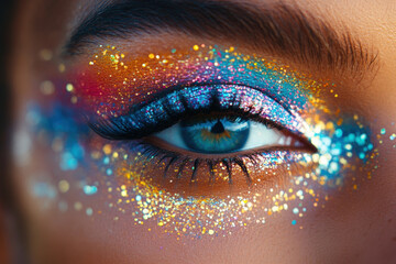 Close-up of a woman's eye sparkling with glitter makeup.